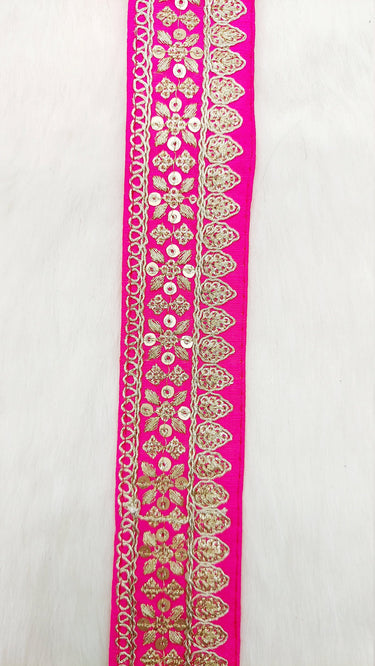 Fuchsia Pink Art Silk Fabric Trim With Gold Floral Embroidery, Floral Sequins Sari Border, Trim By 9 Yards